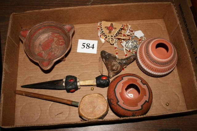 3 Small Pottery Bowls, 2 Beaded Necklaces: Box Lot containing 3 Small Pottery Bowls, 2 Beaded Necklaces, Pottery Toucan Whistle, Navajo Rattle North West Coast Wood Child’s Toy Dagger