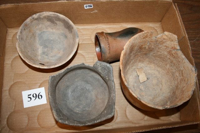 3 Prehistoric Pots and 1 Navajo Pottery Vessel: 3 Damaged Prehistoric Pots and 1 Navajo Pottery Vessel – largest 6” x 4 ½”