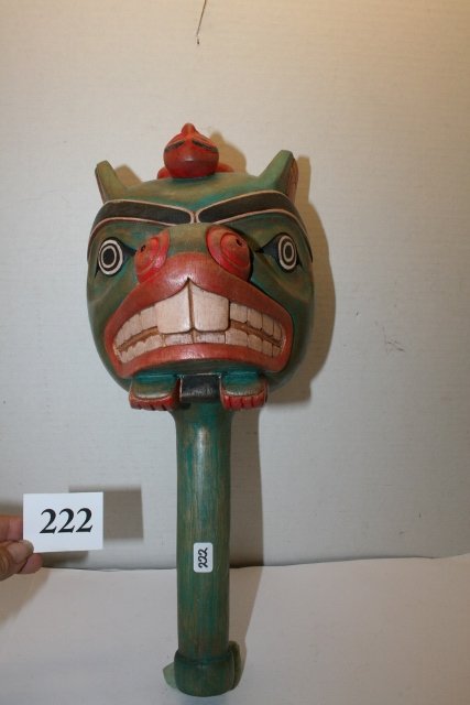 Two Faced Bear Effigy Carved Rattle: 14” Two Faced Bear Effigy Carved Rattle with Human on Top - tourist trade item