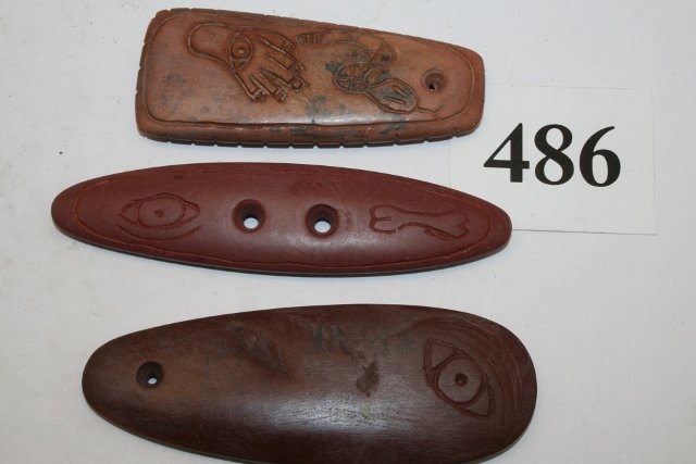 3 Southern Death Cult Pendants, Gorgets: Lot of 3 Southern Death Cult Pendants, Gorgets, engraved – largest 4”