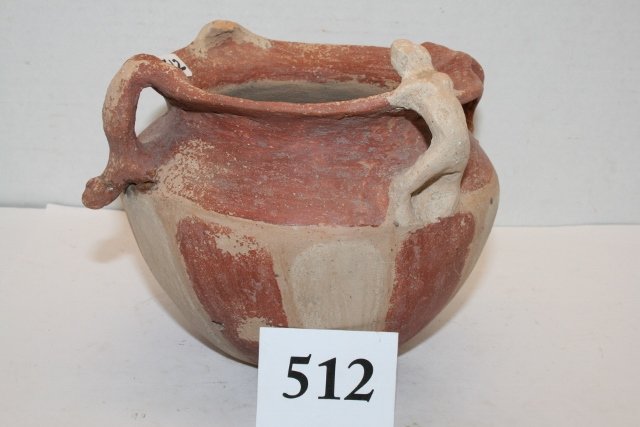 Red/White Lizard Lobed Quapaw Bowl: 5 ¼” x 7” Handled Red/White Lizard Lobed Quapaw Bowl, Mississippian Co. Ark. – tag signed by Finder Bill Rollett Kent Strange Coll. Heavily Restored no returns