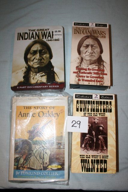 5 Part DVD Series “The Great Indian Wars”: Set of 5 Part DVD Series “The Great Indian Wars”, Set of VCR Tapes “The Great Indian Wars”, Set of VCR Tapes “Gunfighters of the Old West” Book – Story of Annie Oakley by Edmond Collier