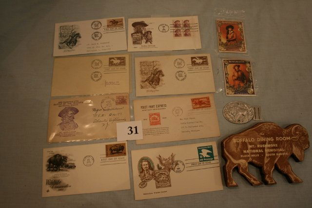 (8) First Day Covers, Buffalo Bill: (8) First Day Covers, Buffalo Bill, Pony Express, Bison, (2) Annie Oakley, Buffalo Bill Winchester Collectors Cards, Buffalo Plaque, Black Hills, South Dakota, Buffalo Bill Jr. Belt Buckle