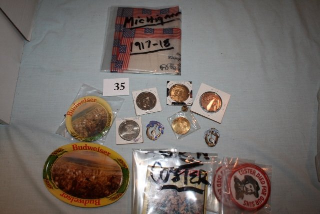 (2) Budweiser Buffalo Bill Battle Scene Change Trays: (2) Budweiser Buffalo Bill Battle Scene Change Trays, (3) Custer Died for our sins patches, Custer 8mm film, 1917-1918 WWI, Camp Custer Handkerchief, 2 Gary Owen 7th Cav. Pins, Custer Medal, Hardin Mt