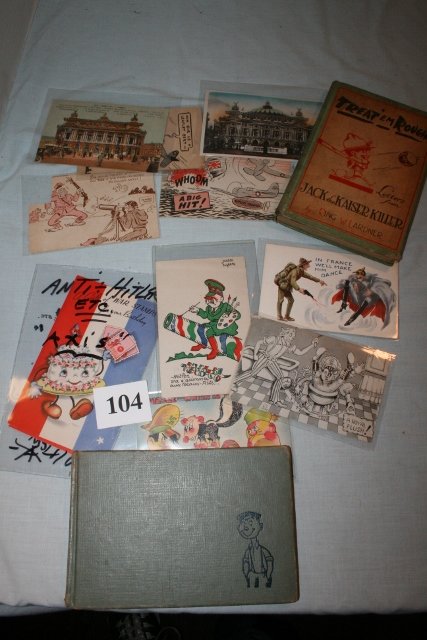 Cartoon Books – Small Fry: Cartoon Books – Small Fry by Wm. Steig, Treat Em Rough by Ring W. Landner, 9 German Postcards, 10 cent War Stamp Booklet