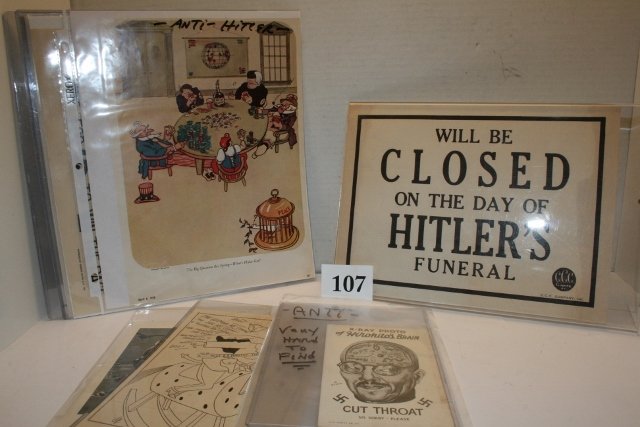 6 Hitler Cartoons: 6 Hitler Cartoons, 8 x 11 sign Hitler’s Funeral in Lucite Display stand, Rare Postcard “Ex-ray of Hirohito’s Brain”, Wood Block for WWII Scene