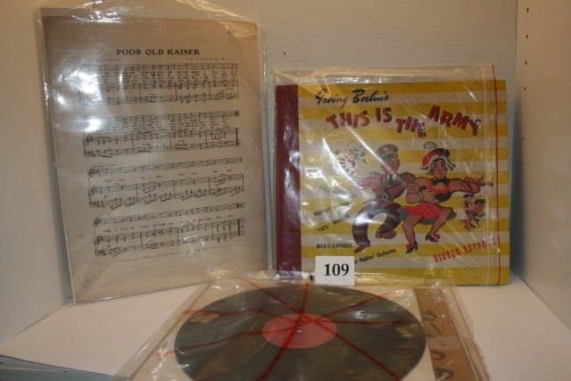 (2) 78RPM Antique Hitler Records: (2) 78RPM Antique Hitler Records, Irving Berlin – This is the Army, Album with records, sheet music “Poor Old Kaiser”