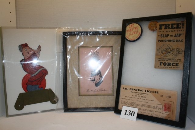 Art, WWI, 1916 signed: 8 x 10 Framed Art, WWI, 1916 signed by Alf Millet Birds of a Feather, Die Cut stand up figure of Mussolini, 3 Jap Hunting Items, 2 Button Pins and Official License 1942