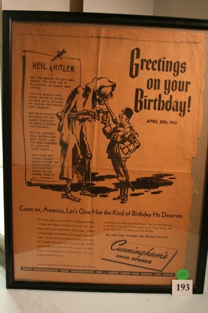 Greetings on your Birthday”: 17” x 23 ¾” “Greetings on your Birthday” Image April 20, 1943 – Cunningham Drug Stores Framed