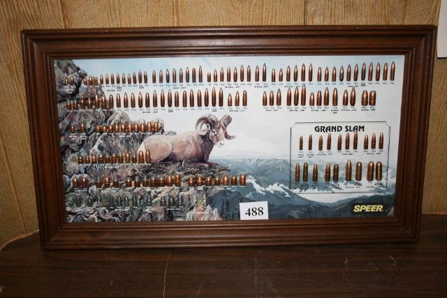 Spears Grand Slam Bullet Board: Spears Grand Slam Bullet Board 1889 Vintage featuring Bedded Ram in the Rockies 27” x 15” – missing round ball bullet 38 caliber, easily replaced