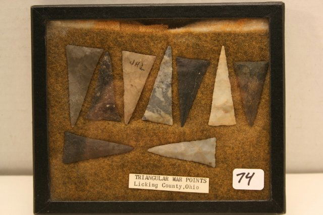 9 Fine Triangular Points: Group of 9 Fine Triangular Points, Licking Co. Ohio – largest 2”