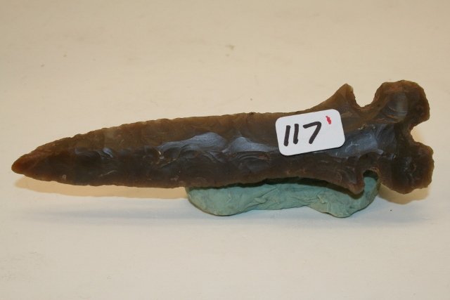 Indented Base Spear: 4 7/8” Indented Base Spear point Reddish Brown Chalcedony