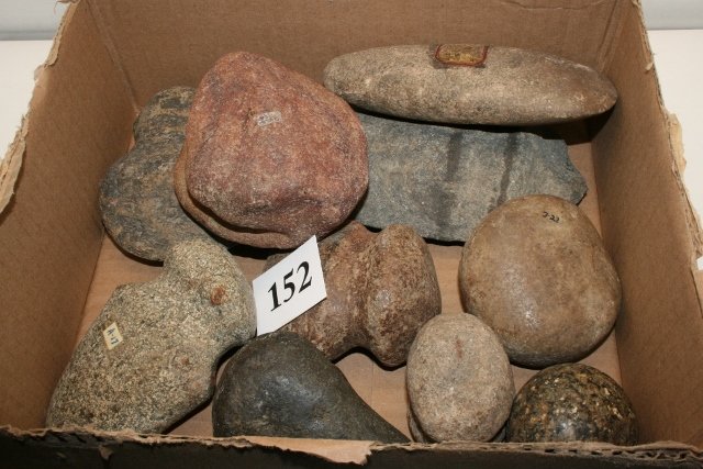 11 Stone Tools consisting of axes: Box Lot 11 Stone Tools consisting of axes, hammers, celts and some unusual forms of stone tools, Ind. Ill. Area
