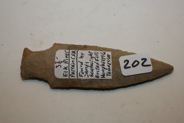3 11/16” Elk River Point: 3 11/16” Elk River Point – Tan Chert, found by James Boutright Humphrey’s Co. Tenn. Has Partain C.O.A.