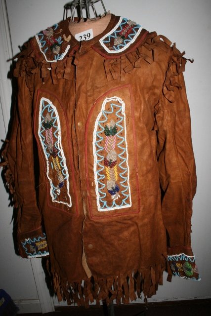Mohawk Beaded Costume: Fantastic 3 pc. Wild West Show Mohawk Beaded Costume, 1880’s, Fine condition, one of the best we have had, Jacket, Trousers, belt, 100% original with fringe these were made for and used by Improved