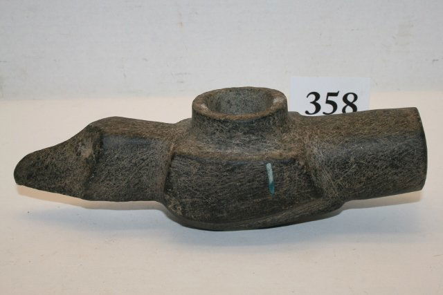 8 3/8” Raven Great Pipe: 8 3/8” Raven Great Pipe, Steatite, tag reads Hals Co. Alabama found May 1933, Age uncertain