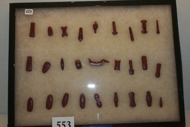 27 Miniature Ohio Pipestone: Frame with 27 Miniature Ohio Pipestone, Pendants, Gorgets, Birdstones, Great Display of unique miniatures