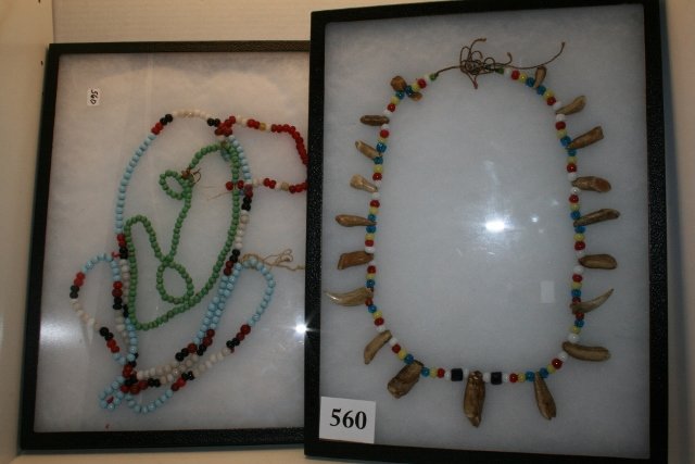 2 Trade Bead Necklaces: 2 Trade Bead Necklaces 66” total length and a 24” starnd of shell, tooth and colorful trade beads – Sioux, Fort Yates