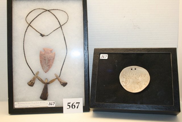 Buffalo Teeth, Bone Beaded Necklace: 8 x 12 Frame with Buffalo Teeth, Bone Beaded Necklace, arrowhead, and an engraved circular shell gorget (contemporary) approx. 3”