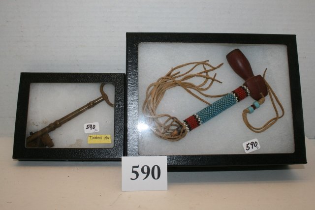 Brass Jail Key: Brass Jail Key dated 1861, contemporary beaded pipestone pipe