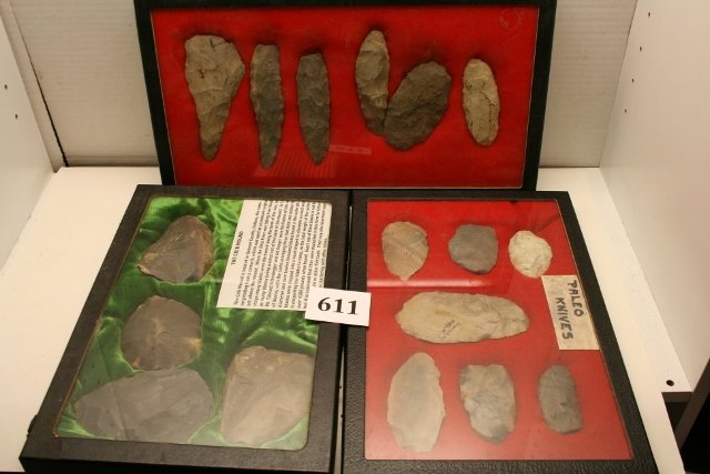 3 Frames containing 17 Flint Knives and Blades: 3 Frames containing 17 Flint Knives and Blades, 11 are from the Cribb Mound, largest 4 ¾”