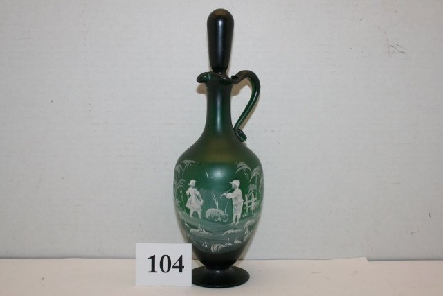 Green Satin Mary Gregory Bottle: Green Satin Mary Gregory Bottle with stopper – nice 10”