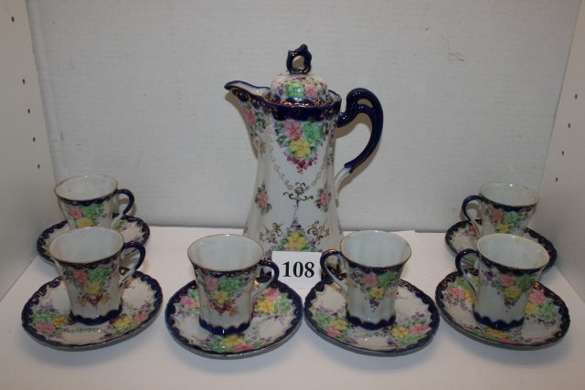13 pc. Nippon Chocolate Set: 13 pc. unmarked Nippon Chocolate Set – choc. Pot, 6 cups, 6 saucers – minor nicks & chips