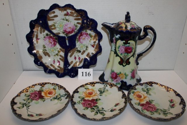 5 pc. Nippon Dishes: 5 pc. Nippon Dishes – Chocolate Pot, Decorator Plate, 3 marked Nippon plates