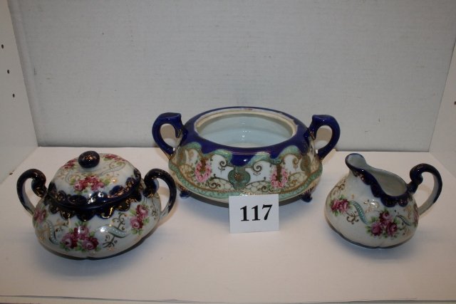 3 pc. unmarked Nippon Glass: 3 pc. unmarked Nippon Glass – cream, sugar (hairline crack in lid) 2 handled dish (missing lid & rim chips)