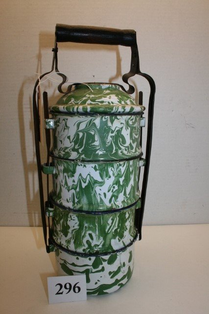 Green & White Swirl Granite Lunch Bucket: Early Green & White Swirl Granite Lunch Bucket or 4 part food container with metal/wood handle – nice 14 ¼” x 6”