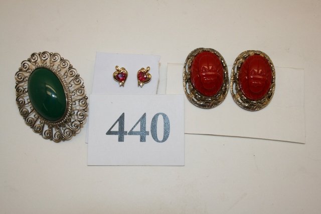 Sterling Pin & Ruby 14K Pierced Earrings: Sterling Pin & Synthetic Ruby 14K Pierced Earrings & Scarab clip on earrings