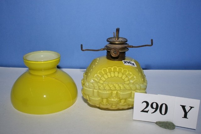 Antique Yellow Consolidated Basket Weave Mini Oil Lamp: Antique yellow consolidated basket weave miniature oil lamp w/cracked shade & shade holder doesn't fit