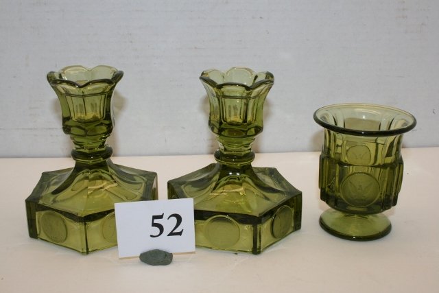Fostoria Green Coin Toothpick Holder: Fostoria Green Coin Toothpick Holder & Pair Candlesticks