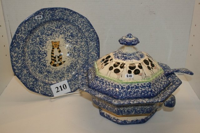 2 Blue Spongeware Gravy Bowl: Contemporary 2 Blue Spongeware Gravy Bowl with ladle & Plate