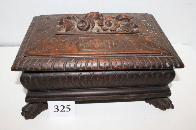 Carved Wooden Jewelry Box: 8 ½” x 12” Carved Wooden Jewelry Box with carved feet, carved flowers on top, Rudolph & Margaret carved on top – mirror inside, some carving missing