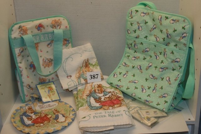Box Lot of Beatrix Potter Items: Box Lot of Beatrix Potter Items – Buttons, Towel, pot holder, child’s bags etc…