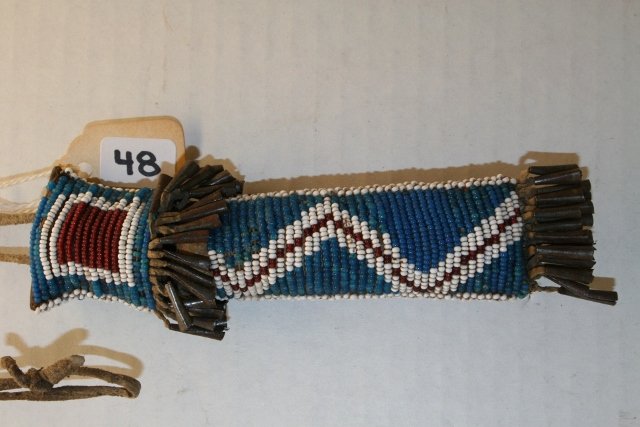 Kiowa Beaded Awl or Needle Case: 5 ¼” Kiowa Beaded Awl or Needle Case with Double Row Tin Tinklers, old original, fine condition – circa 1890’s