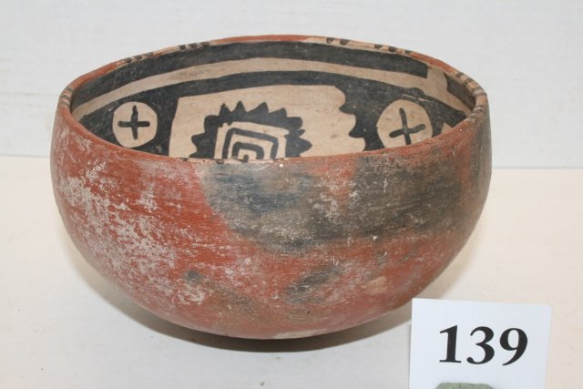 Bowl Black-White: 6 ¾” x 4” Bowl Black-White Interior Red Exterior Solid, Plaster applied at base by museum mismarked Papago, Southwest Arizona - $12.50