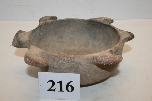 Swimming Turtle Caddo Bowl: 7” x 2 ½” Swimming Turtle Caddo Bowl – 2 incised lines at top of bowl, shell tempered, minor flaking – age uncertain