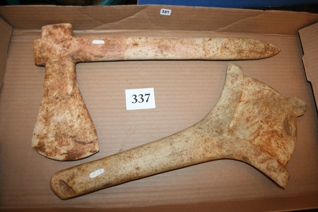 2 Reproduction Artifacts: 2 Reproduction Artifacts, a Monolithic Handled Axe and a Torch Lake Mace, largest is axe 10” x 19”