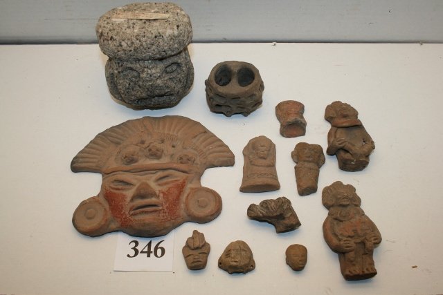 12 Central American Artifacts: Group of 12 Central American Artifacts including pottery plaque, pottery heads, figurines, stone head and pottery incense burner, nice lot – largest 6 3/8”