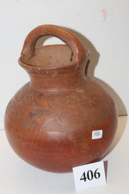 Pottery Water Jar: 7 ¼” x 8 ¾” Handled Spouted Pottery Water Jar – Central America – decorated upper portion – repairs to spout and handle