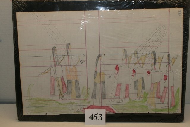 Ledger Drawing, Sioux: 15 ½” x 10” Ledger Drawing, Sioux, Sacrificial deer scene, unusual scene