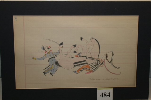 Ledger Drawing depicting Indian: 15 ½” x 9 ½” Ledger Drawing depicting Indian Killing Soldier at Little Big Horn – unframed