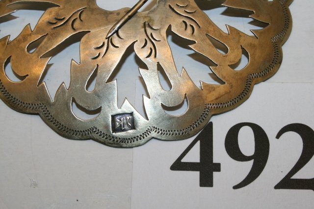 Trade Silver Engraved Broach: 3 ¼” Winnebago Hall Marked Trade Silver Engraved Broach – Late 19th Century