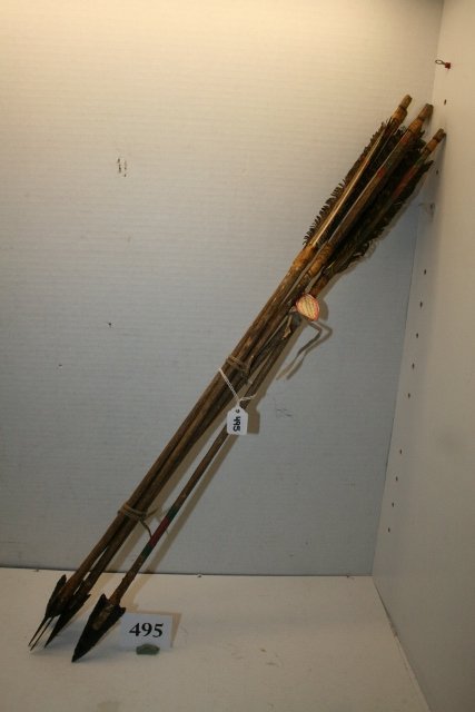 (4) 25” Steel Arrow Points and 2 arrows: (4) 25” Steel Arrow Points and 2 arrows with obsidian points, tacked Arapaho, Livingston, Montana