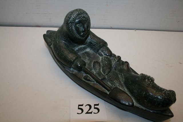 Soapstone Carving of Eskimo in Canoe: 10” Soapstone Carving of Eskimo in Canoe, a Wolf Original Carving, Canada