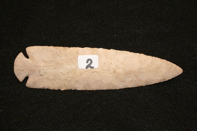 Burlington Chert Dovetail Point: 6 ¼” Burlington Chert Dovetail Point Hancock, Iowa –restored base and point, has Motley C.O.A. showing point before restoration