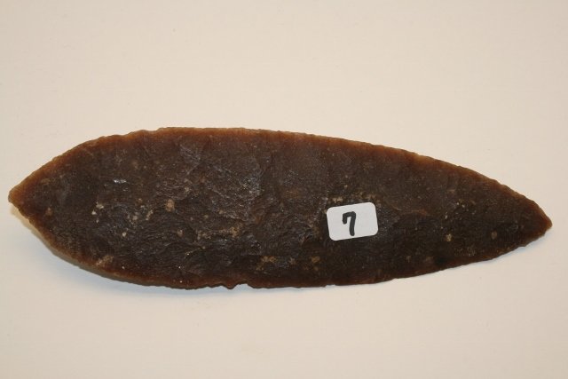 Ceremonial Flint Blade: 8 ¼” Ceremonial Flint Blade – part of a cache of 10 collected in the Valley of Mexico in the Tenochototlan Area, in 1928 – minor edge damage, Ex. Jack Fitzgerald collected pictured page 107, Wh