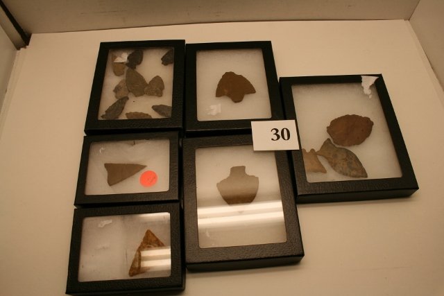 7 Penn. Jasper Points: 6 Frames containing 7 Penn. Jasper Points and 9 Penn. Points – Group includes Triangles and Broad spears etc… largest 2 3/8”